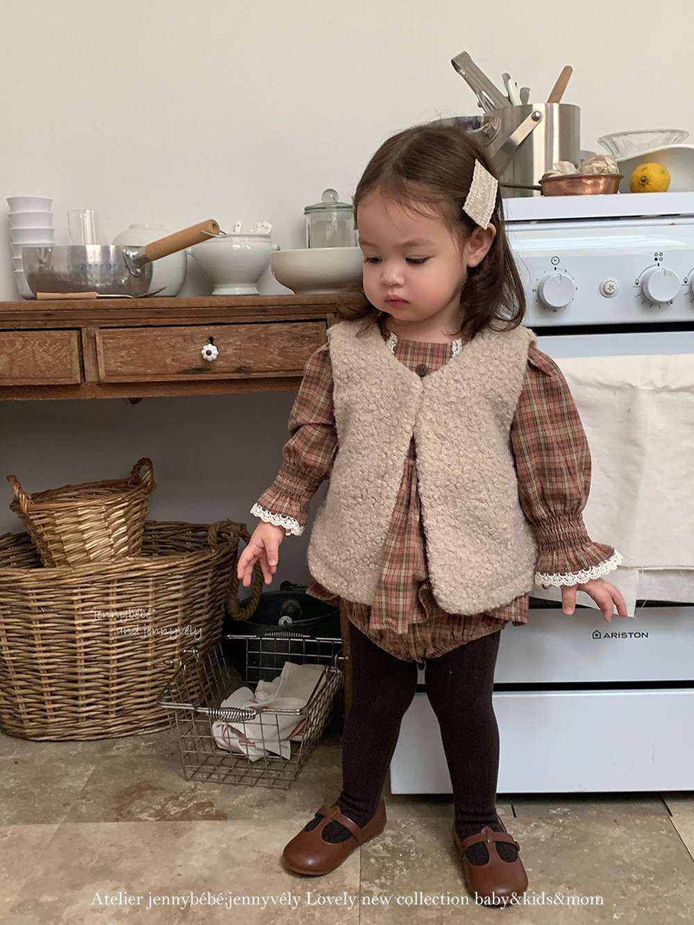 長袖ロンパース 長袖ロンパース チェック柄 レースフリル ブラウス風トップス ブルマ ボディスーツ【mh0011537】