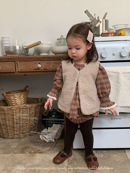 長袖ロンパース 長袖ロンパース チェック柄 レースフリル ブラウス風トップス ブルマ ボディスーツ【mh0011537】