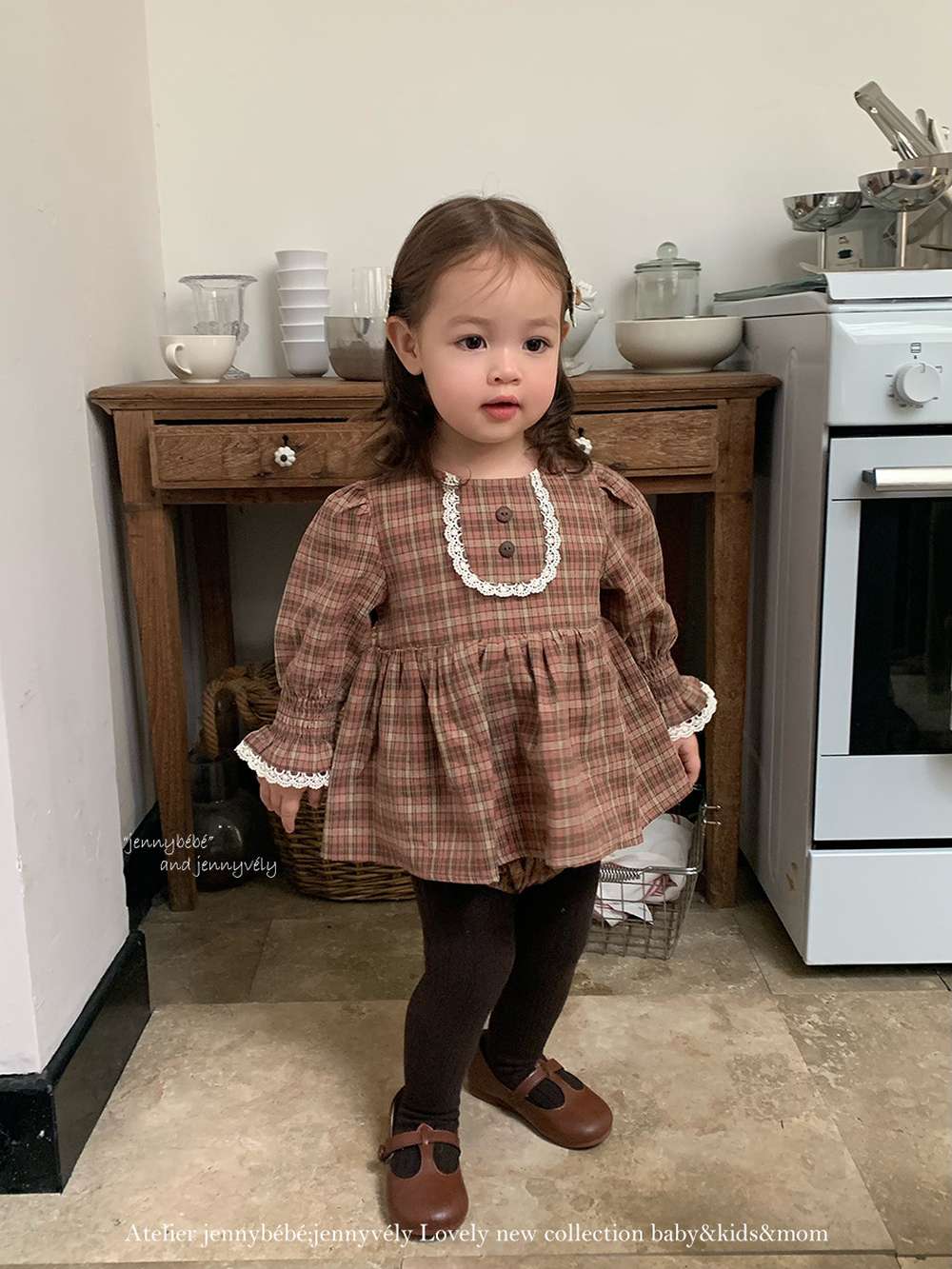 長袖ロンパース 長袖ロンパース チェック柄 レースフリル ブラウス風トップス ブルマ ボディスーツ【mh0011537】