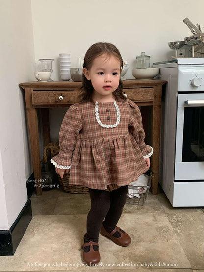 長袖ロンパース 長袖ロンパース チェック柄 レースフリル ブラウス風トップス ブルマ ボディスーツ【mh0011537】