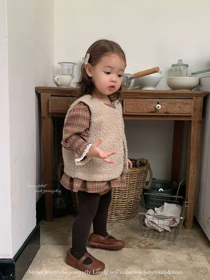 長袖ロンパース 長袖ロンパース チェック柄 レースフリル ブラウス風トップス ブルマ ボディスーツ【mh0011537】