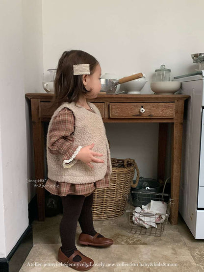 長袖ロンパース 長袖ロンパース チェック柄 レースフリル ブラウス風トップス ブルマ ボディスーツ【mh0011537】