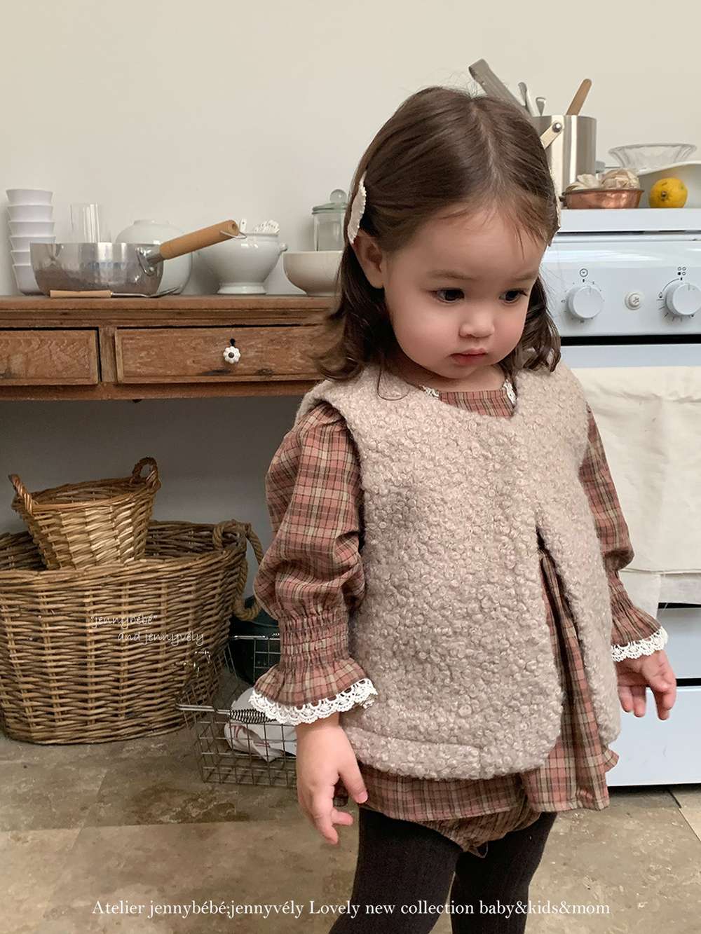 長袖ロンパース 長袖ロンパース チェック柄 レースフリル ブラウス風トップス ブルマ ボディスーツ【mh0011537】