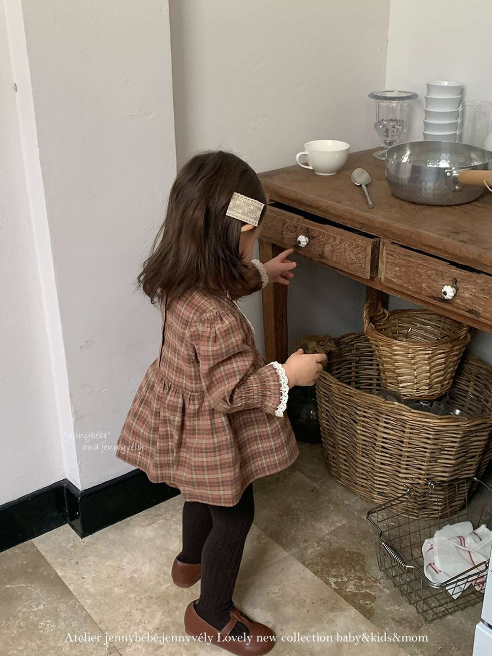 長袖ロンパース 長袖ロンパース チェック柄 レースフリル ブラウス風トップス ブルマ ボディスーツ【mh0011537】