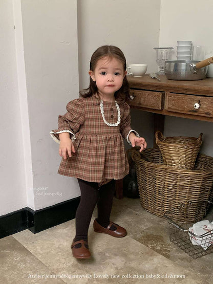 長袖ロンパース 長袖ロンパース チェック柄 レースフリル ブラウス風トップス ブルマ ボディスーツ【mh0011537】