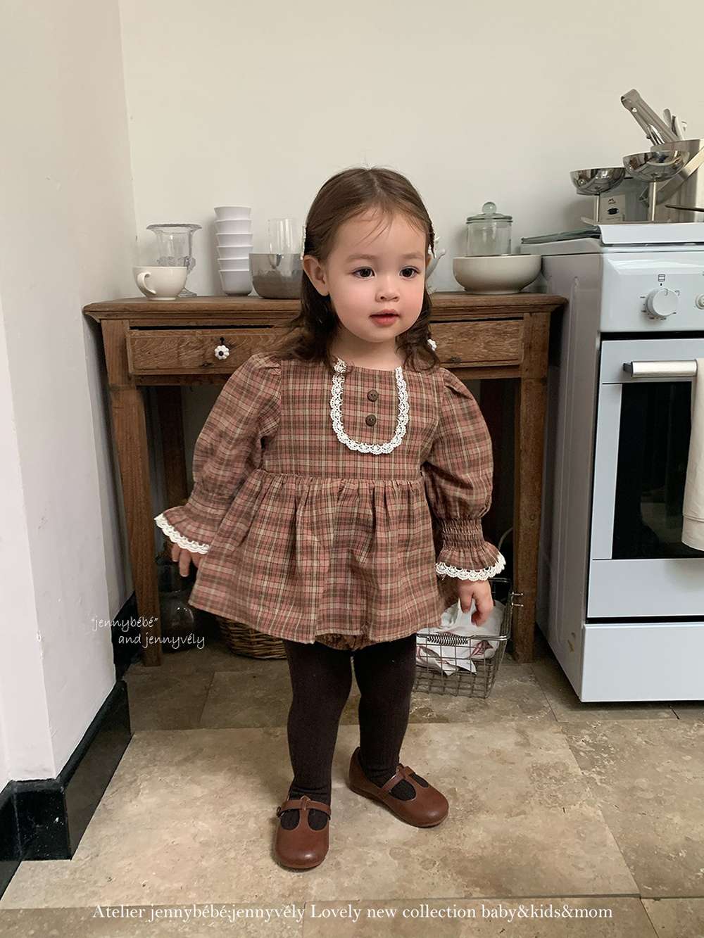 長袖ロンパース 長袖ロンパース チェック柄 レースフリル ブラウス風トップス ブルマ ボディスーツ【mh0011537】