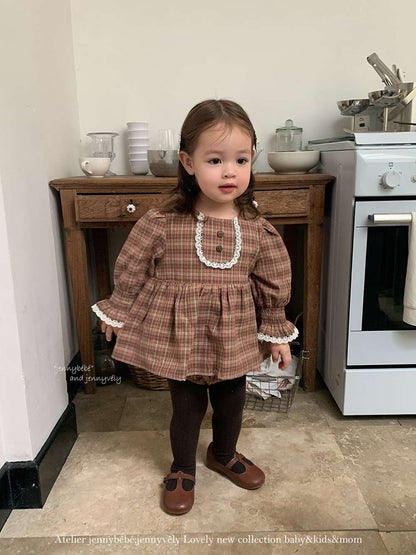 長袖ロンパース 長袖ロンパース チェック柄 レースフリル ブラウス風トップス ブルマ ボディスーツ【mh0011537】