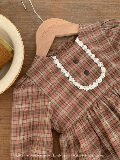 長袖ロンパース 長袖ロンパース チェック柄 レースフリル ブラウス風トップス ブルマ ボディスーツ【mh0011537】