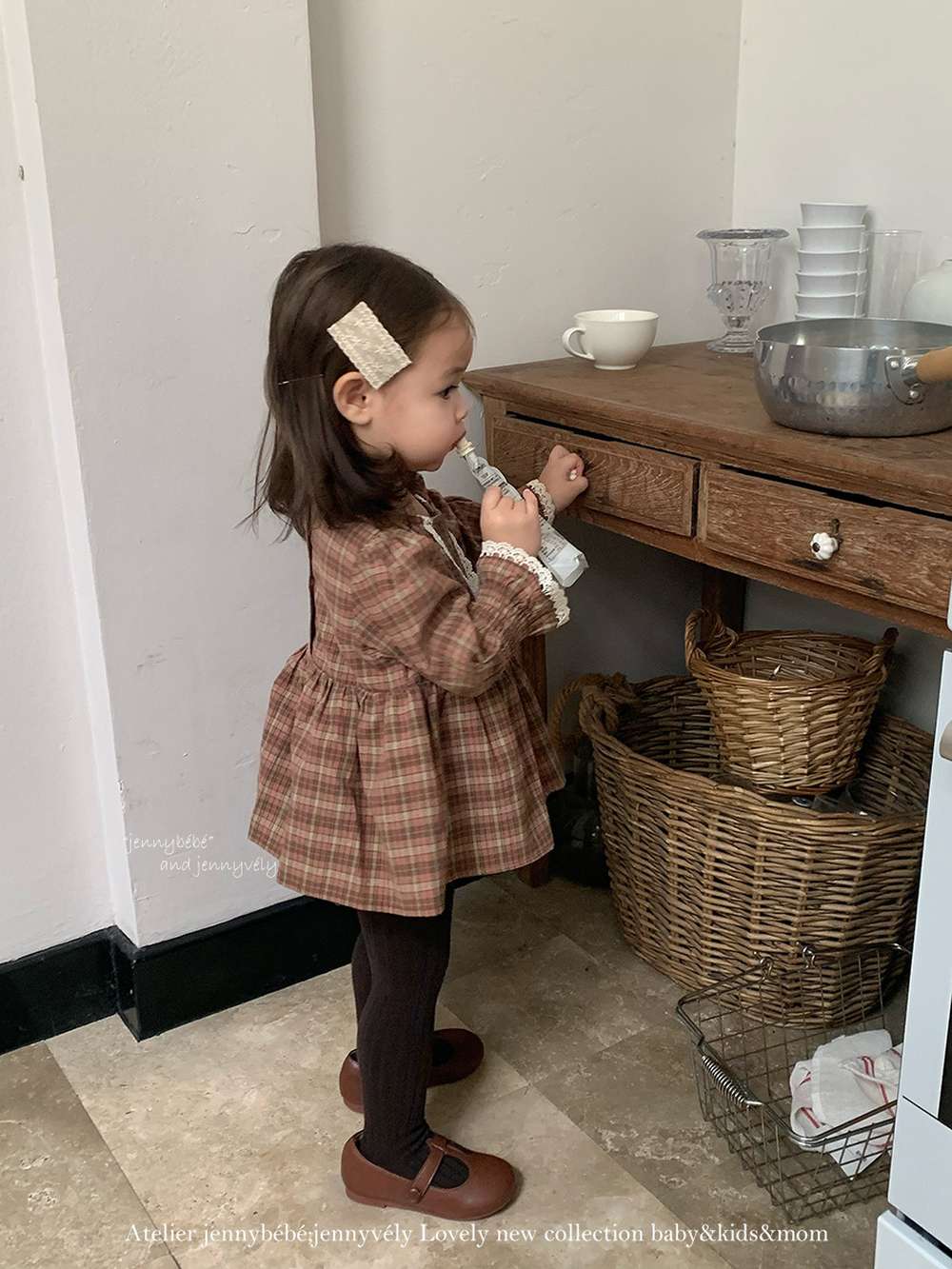 長袖ロンパース 長袖ロンパース チェック柄 レースフリル ブラウス風トップス ブルマ ボディスーツ【mh0011537】