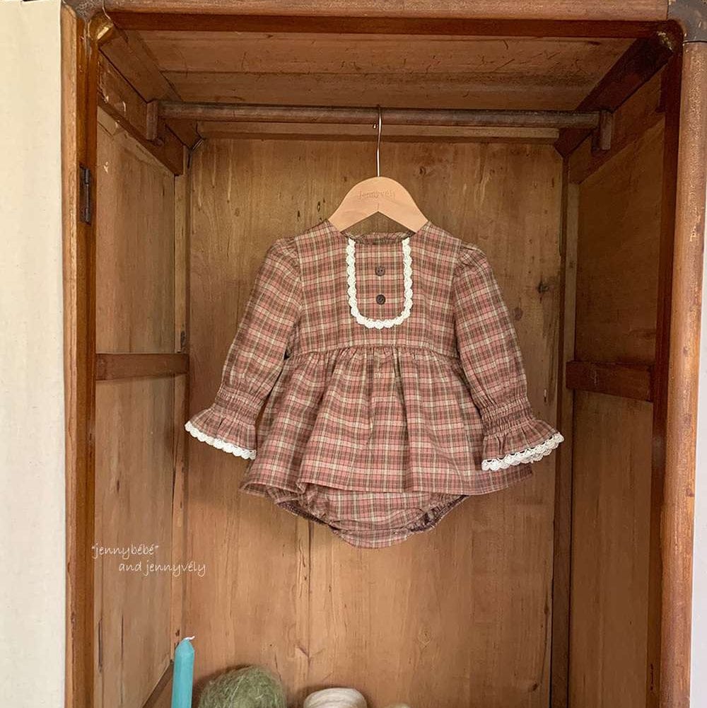 長袖ロンパース 長袖ロンパース チェック柄 レースフリル ブラウス風トップス ブルマ ボディスーツ【mh0011537】