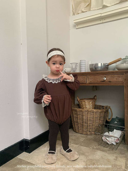 長袖ロンパース 長袖ロンパース バルーンシルエット チュールレース襟 フレアデザイン ボディスーツ【mh0011538】