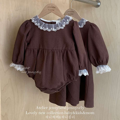 長袖ロンパース 長袖ロンパース バルーンシルエット チュールレース襟 フレアデザイン ボディスーツ【mh0011538】