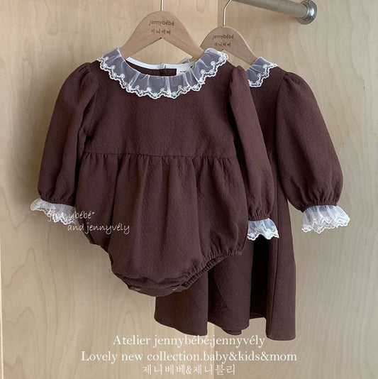 長袖ロンパース 長袖ロンパース バルーンシルエット チュールレース襟 フレアデザイン ボディスーツ【mh0011538】