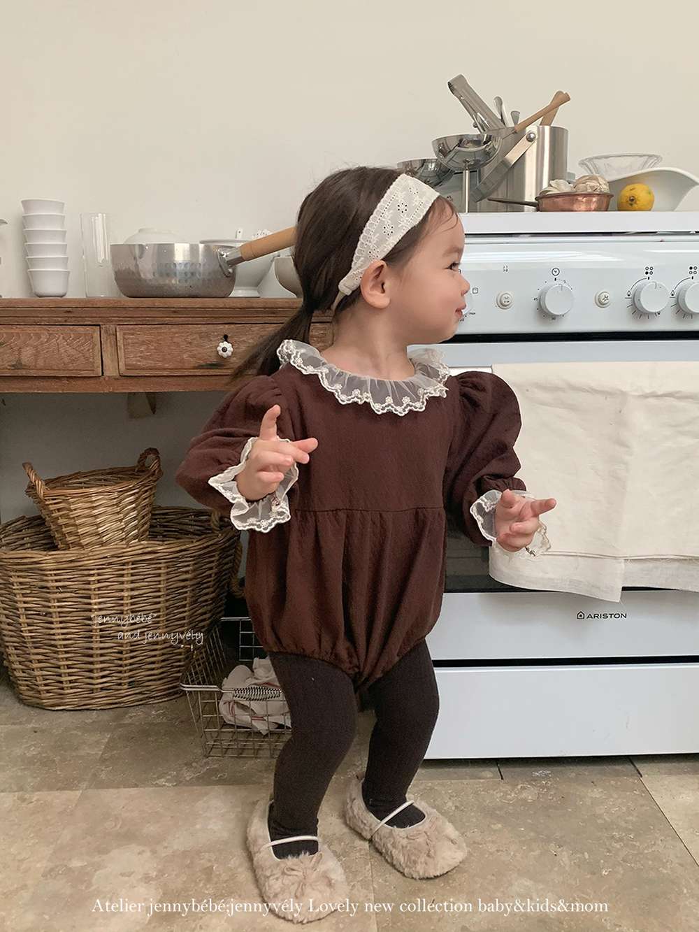 長袖ロンパース 長袖ロンパース バルーンシルエット チュールレース襟 フレアデザイン ボディスーツ【mh0011538】