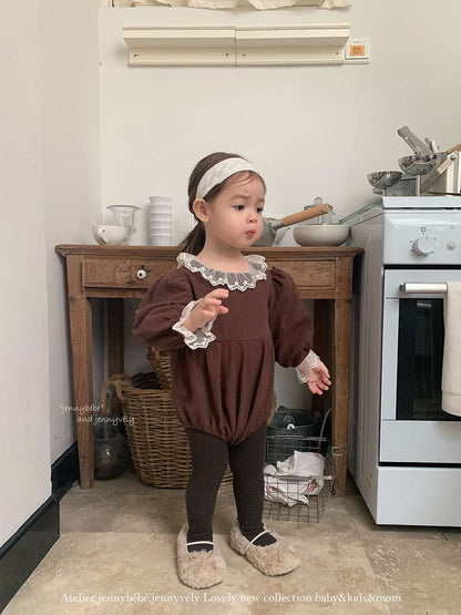 長袖ロンパース 長袖ロンパース バルーンシルエット チュールレース襟 フレアデザイン ボディスーツ【mh0011538】