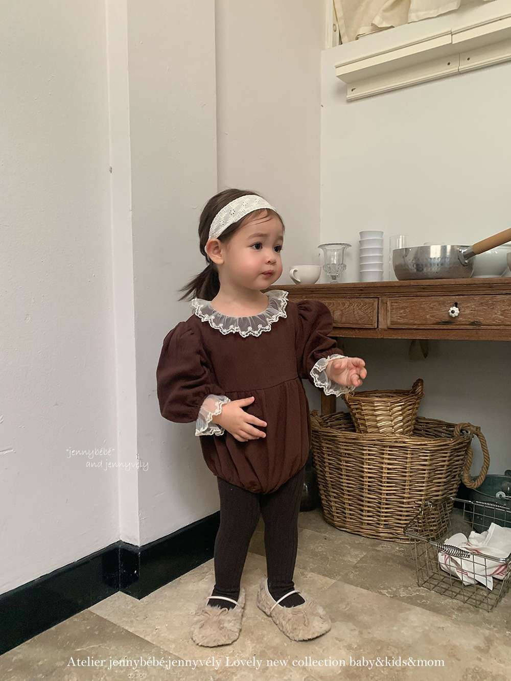 長袖ロンパース 長袖ロンパース バルーンシルエット チュールレース襟 フレアデザイン ボディスーツ【mh0011538】