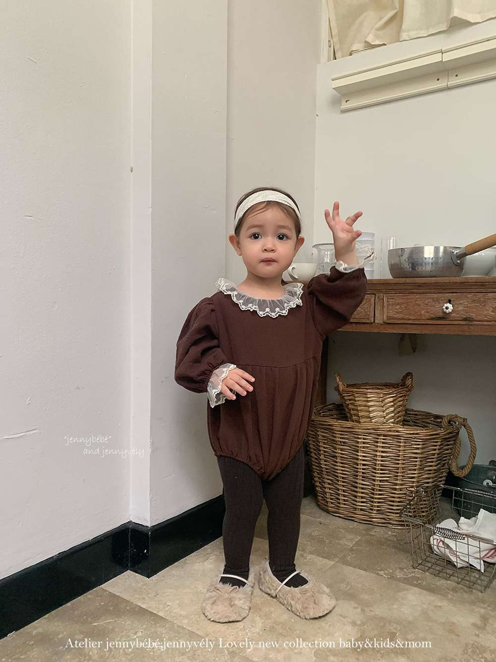 長袖ロンパース 長袖ロンパース バルーンシルエット チュールレース襟 フレアデザイン ボディスーツ【mh0011538】