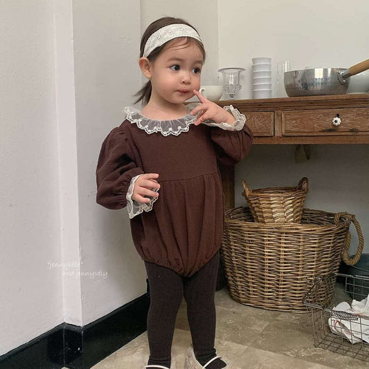 長袖ロンパース 長袖ロンパース バルーンシルエット チュールレース襟 フレアデザイン ボディスーツ【mh0011538】