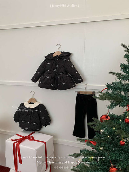 ショートコート・ジャケット・ジャンパー 長袖アウター 中綿ダウンジャケット リボン柄 フード付き ペプラム ブルゾン【mh0011539】