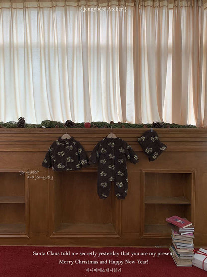 アウタージャンプスーツ 長袖ジャンプスーツ もこもこボア 花柄 カバーオール 帽子セット 暖かい 防寒【mh0011540】