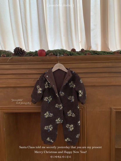 アウタージャンプスーツ 長袖ジャンプスーツ もこもこボア 花柄 カバーオール 帽子セット 暖かい 防寒【mh0011540】