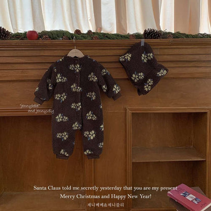 アウタージャンプスーツ 長袖ジャンプスーツ もこもこボア 花柄 カバーオール 帽子セット 暖かい 防寒【mh0011540】