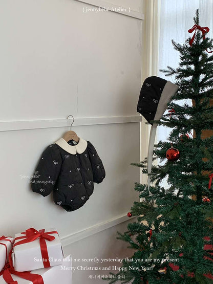 長袖ロンパース 長袖ロンパース リボン刺繍 中綿入り 丸襟 カバーオール 帽子セット 防寒【mh0011542】