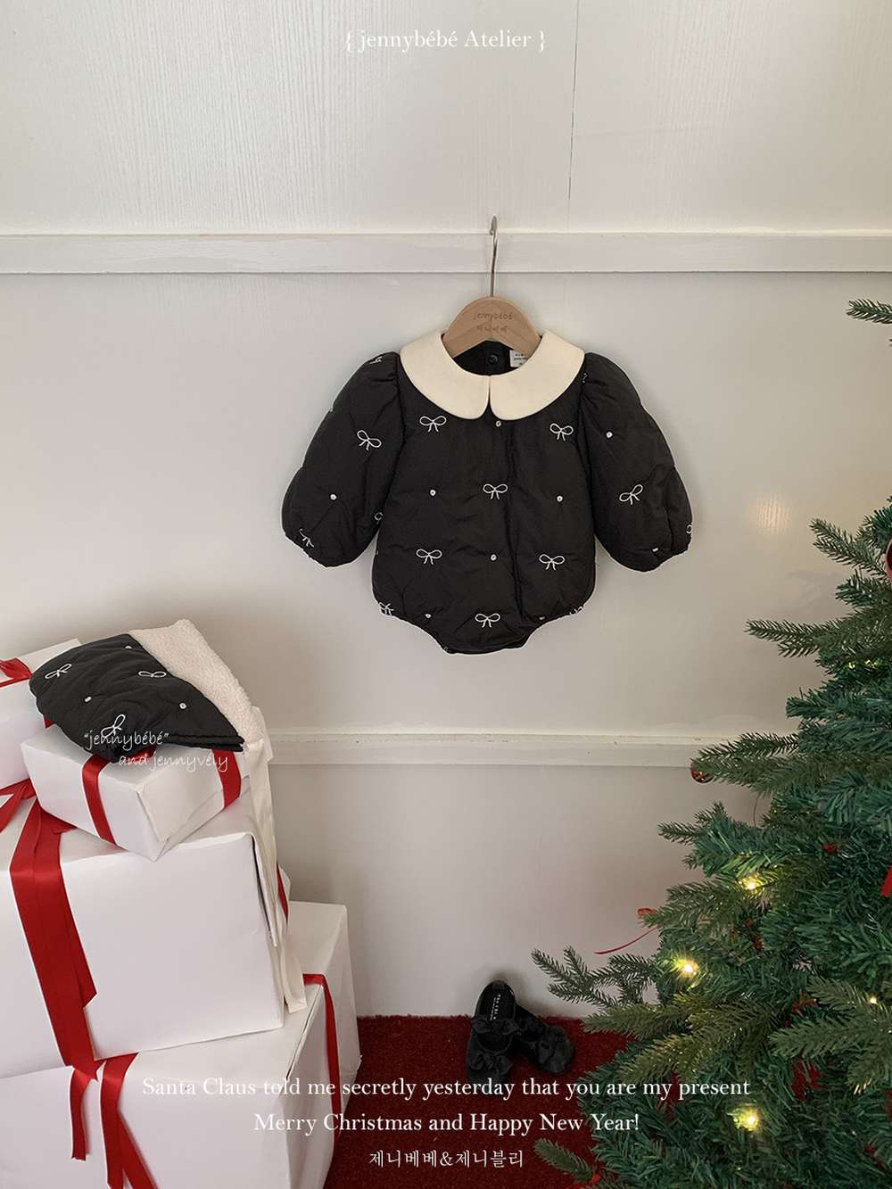 長袖ロンパース 長袖ロンパース リボン刺繍 中綿入り 丸襟 カバーオール 帽子セット 防寒【mh0011542】