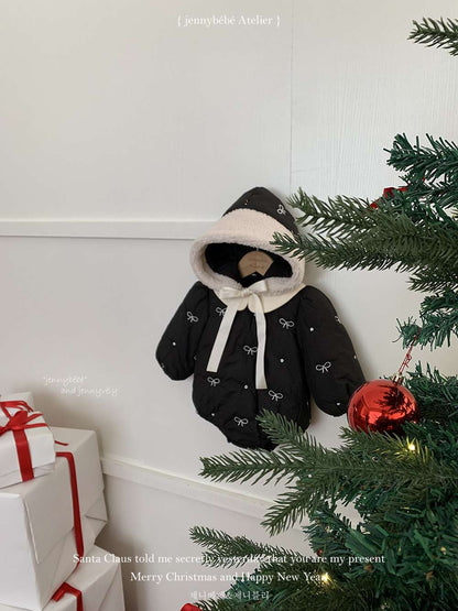 長袖ロンパース 長袖ロンパース リボン刺繍 中綿入り 丸襟 カバーオール 帽子セット 防寒【mh0011542】