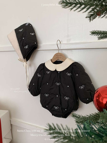 長袖ロンパース 長袖ロンパース リボン刺繍 中綿入り 丸襟 カバーオール 帽子セット 防寒【mh0011542】