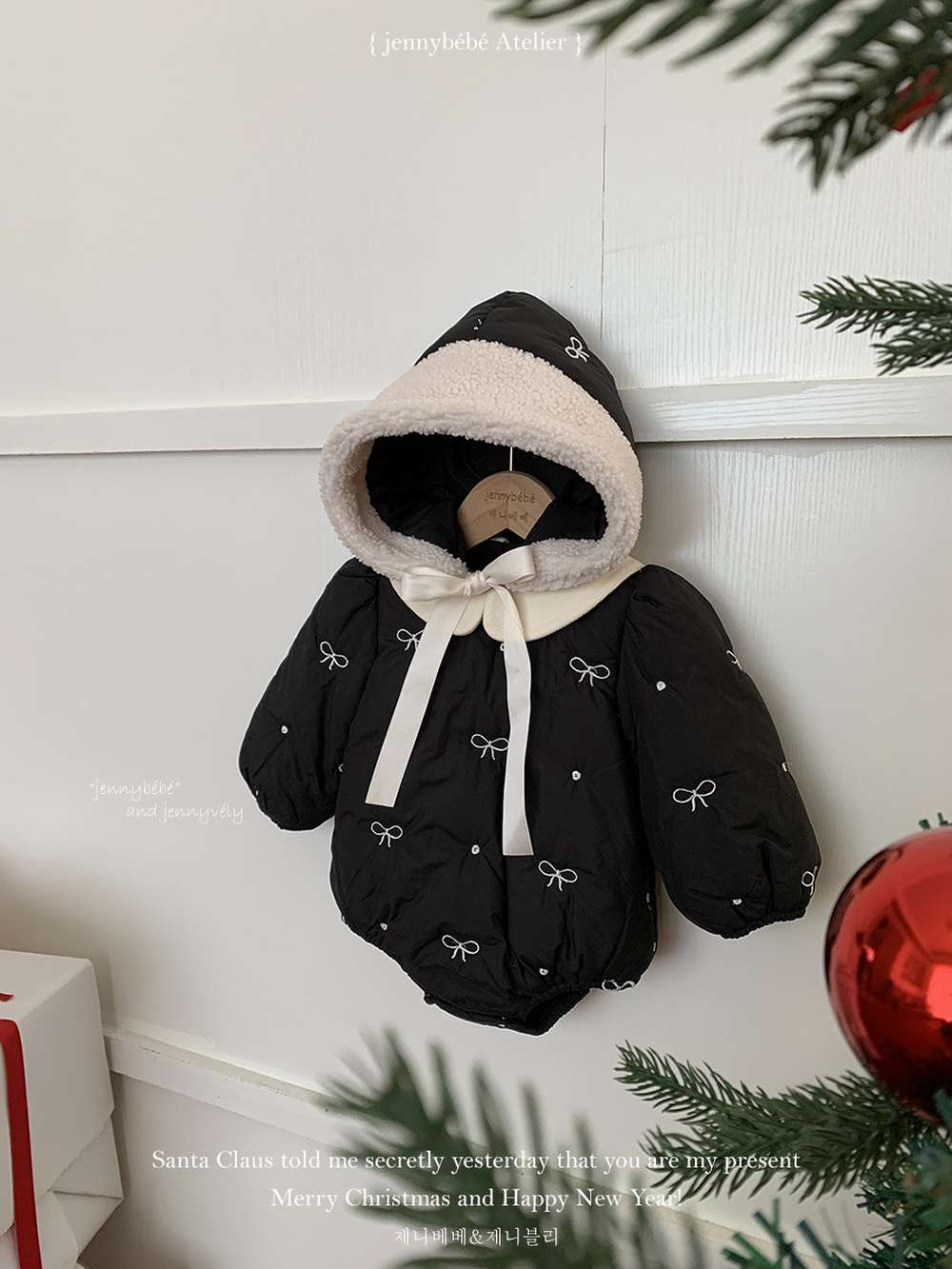 長袖ロンパース 長袖ロンパース リボン刺繍 中綿入り 丸襟 カバーオール 帽子セット 防寒【mh0011542】