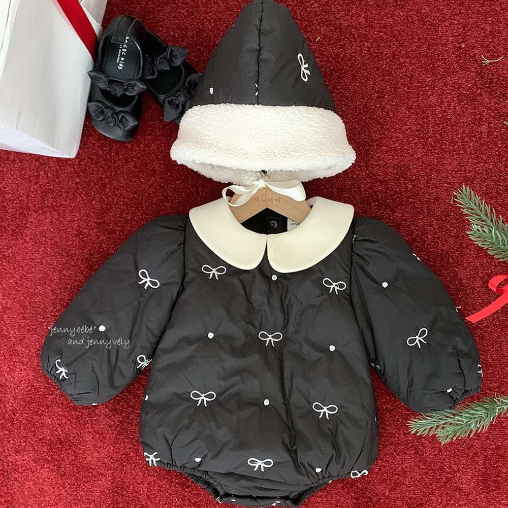 長袖ロンパース 長袖ロンパース リボン刺繍 中綿入り 丸襟 カバーオール 帽子セット 防寒【mh0011542】