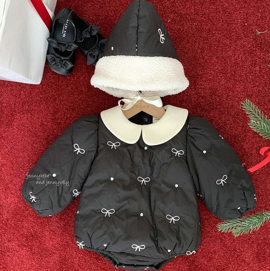 長袖ロンパース 長袖ロンパース リボン刺繍 中綿入り 丸襟 カバーオール 帽子セット 防寒【mh0011542】