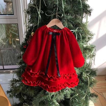 長袖ワンピース 長袖ワンピース ベロア素材 レッドカラー フリルティアード パーティドレス【mh0011543】