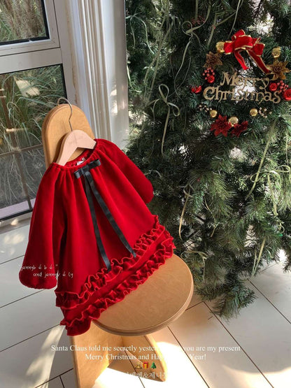 長袖ワンピース 長袖ワンピース ベロア素材 レッドカラー フリルティアード パーティドレス【mh0011543】