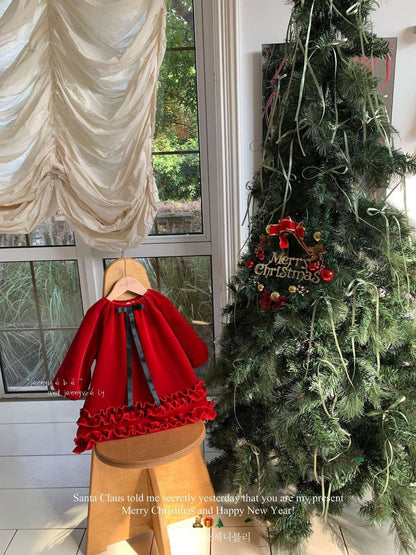 長袖ワンピース 長袖ワンピース ベロア素材 レッドカラー フリルティアード パーティドレス【mh0011543】