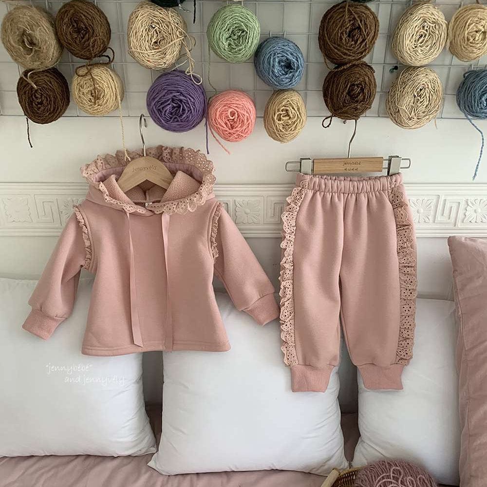 長袖セットアップ Pink / 73cm 長袖セットアップ レースフリル フード付きスウェット ジョガーパンツ 2点セット 裏起毛【mh0011530】