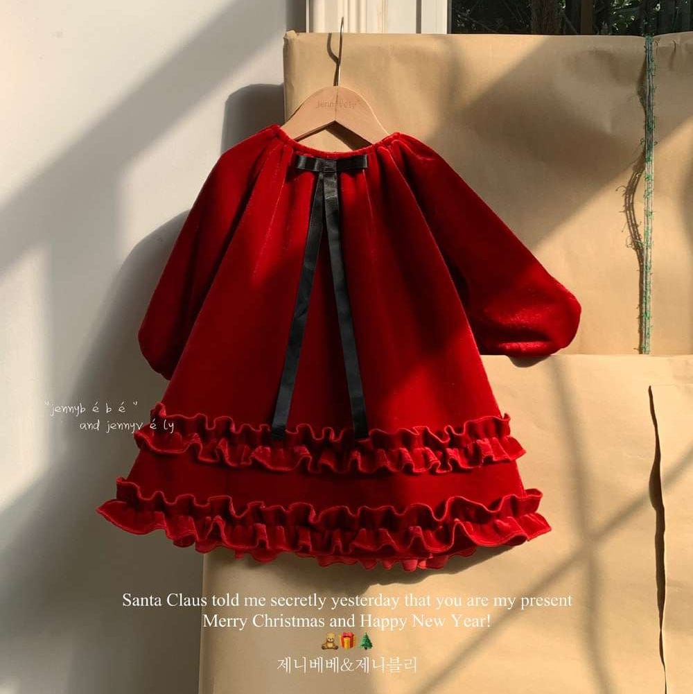 長袖ワンピース Red / 80cm 長袖ワンピース ベロア素材 レッドカラー フリルティアード パーティドレス【mh0011543】