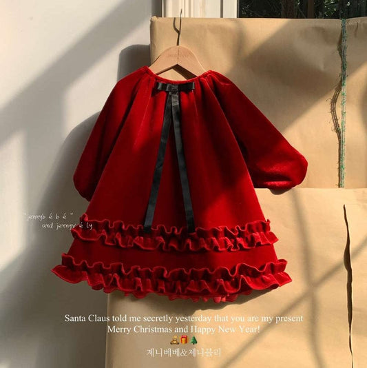 長袖ワンピース Red / 80cm 長袖ワンピース ベロア素材 レッドカラー フリルティアード パーティドレス【mh0011543】
