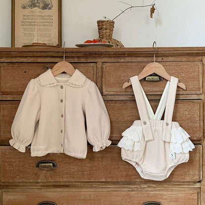 長袖セットアップ Set / 73CM 長袖セットアップ フリース素材 丸襟ブラウス フリルかぼちゃパンツ 2点セット 防寒【mh0011532】