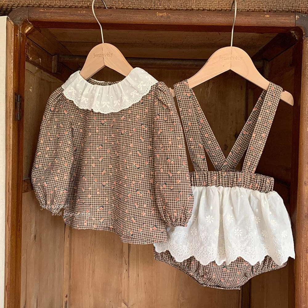 長袖セットアップ Set / 73CM 長袖セットアップ チェック小花柄 ブラウス サスペンダー付きブルマ 2点セット【mh0011535】