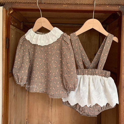長袖セットアップ Set / 73CM 長袖セットアップ チェック小花柄 ブラウス サスペンダー付きブルマ 2点セット【mh0011535】