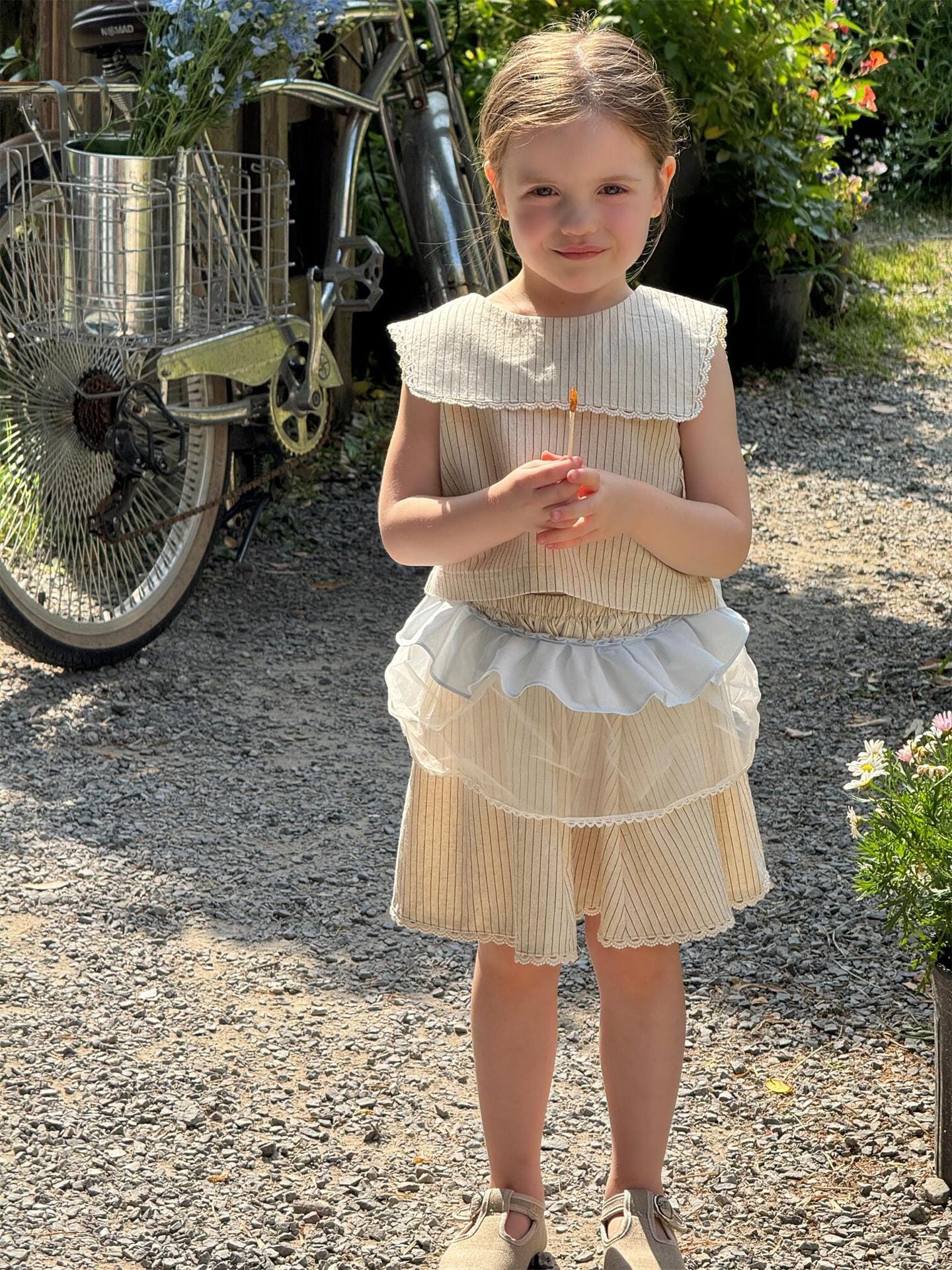 ノースリーブセットアップ ストライプショールカラーノースリーブブラウス+レースウエストスカートセットアップ 2点セット【mh0009885】