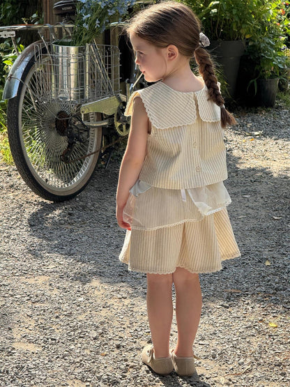 ノースリーブセットアップ ストライプショールカラーノースリーブブラウス+レースウエストスカートセットアップ 2点セット【mh0009885】