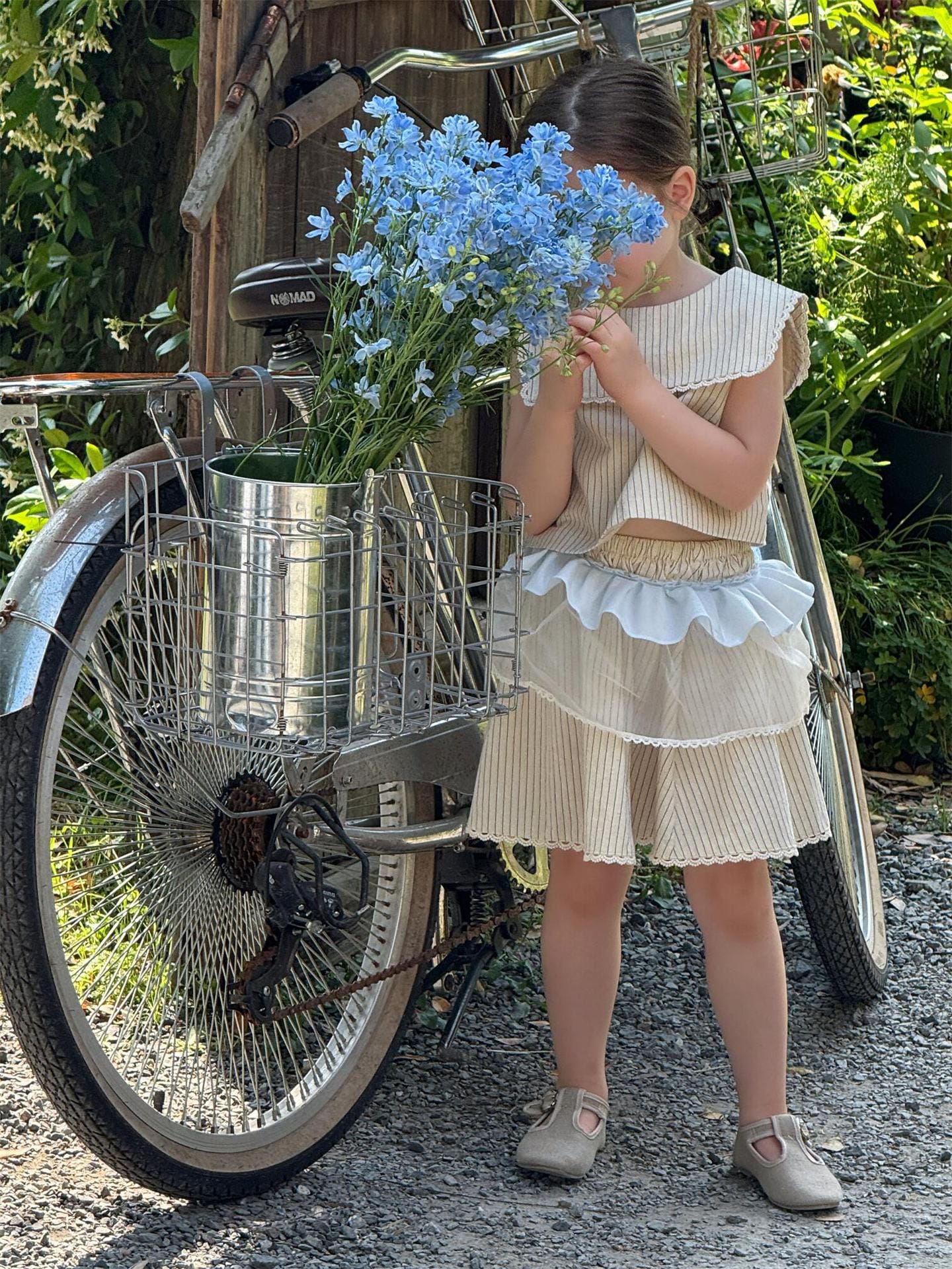 ノースリーブセットアップ ストライプショールカラーノースリーブブラウス+レースウエストスカートセットアップ 2点セット【mh0009885】