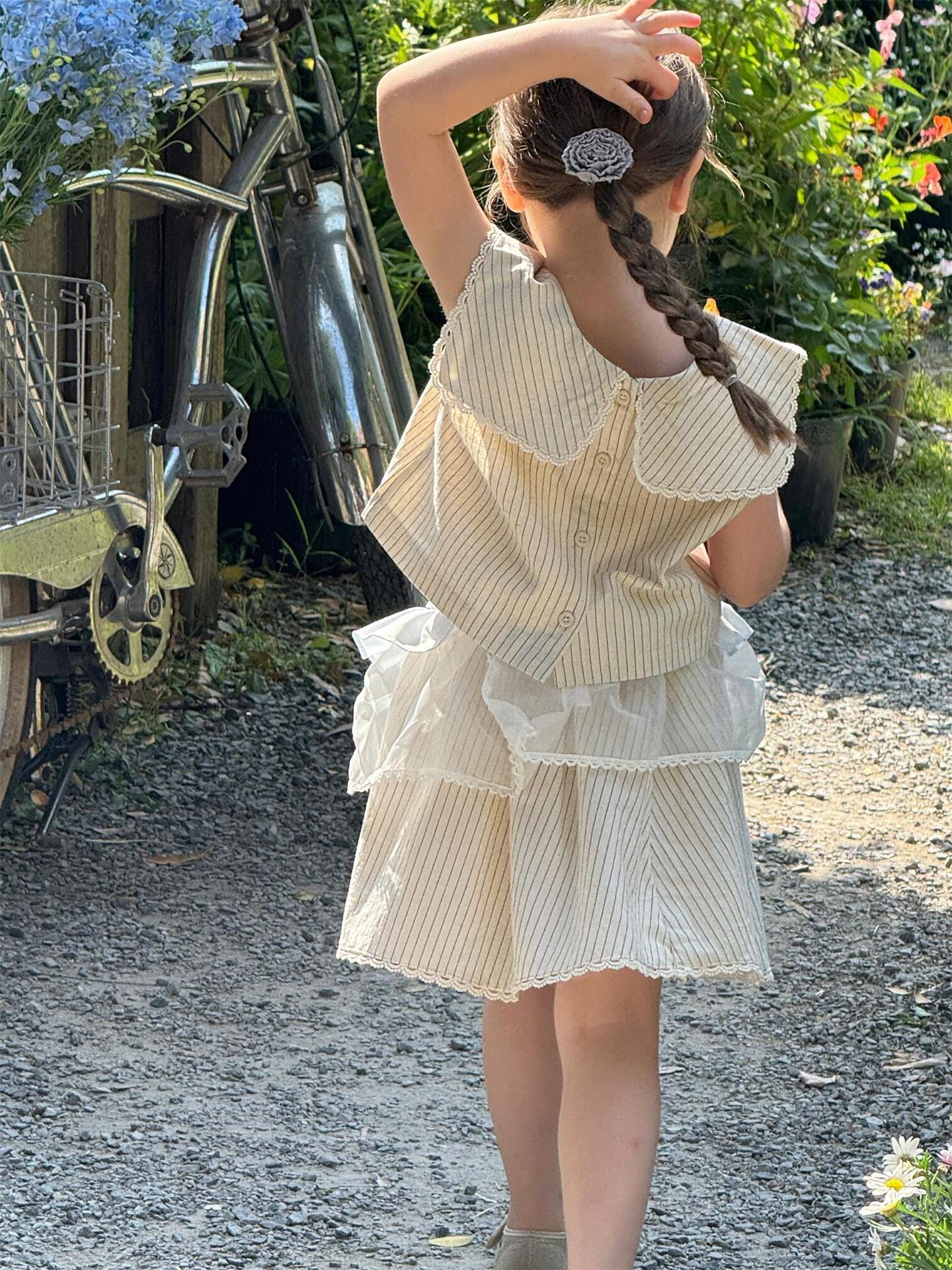 ノースリーブセットアップ ストライプショールカラーノースリーブブラウス+レースウエストスカートセットアップ 2点セット【mh0009885】