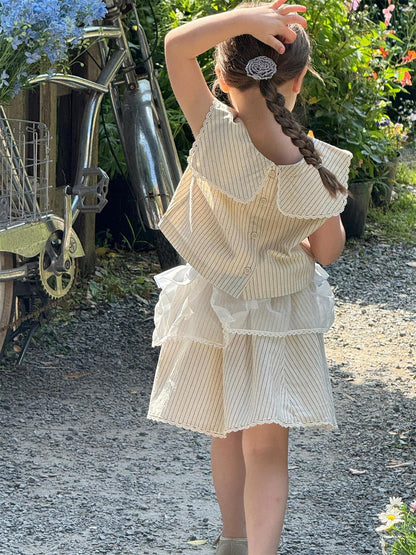 ノースリーブセットアップ ストライプショールカラーノースリーブブラウス+レースウエストスカートセットアップ 2点セット【mh0009885】