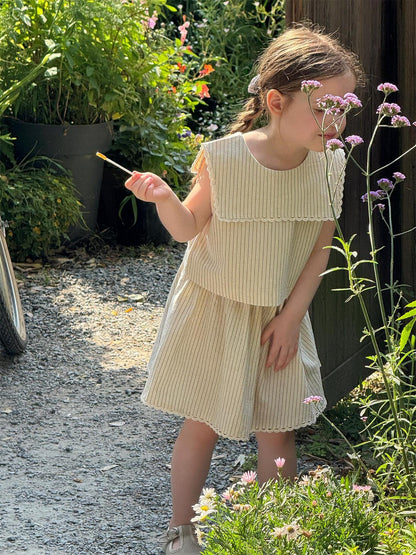 ノースリーブセットアップ ストライプショールカラーノースリーブブラウス+レースウエストスカートセットアップ 2点セット【mh0009885】