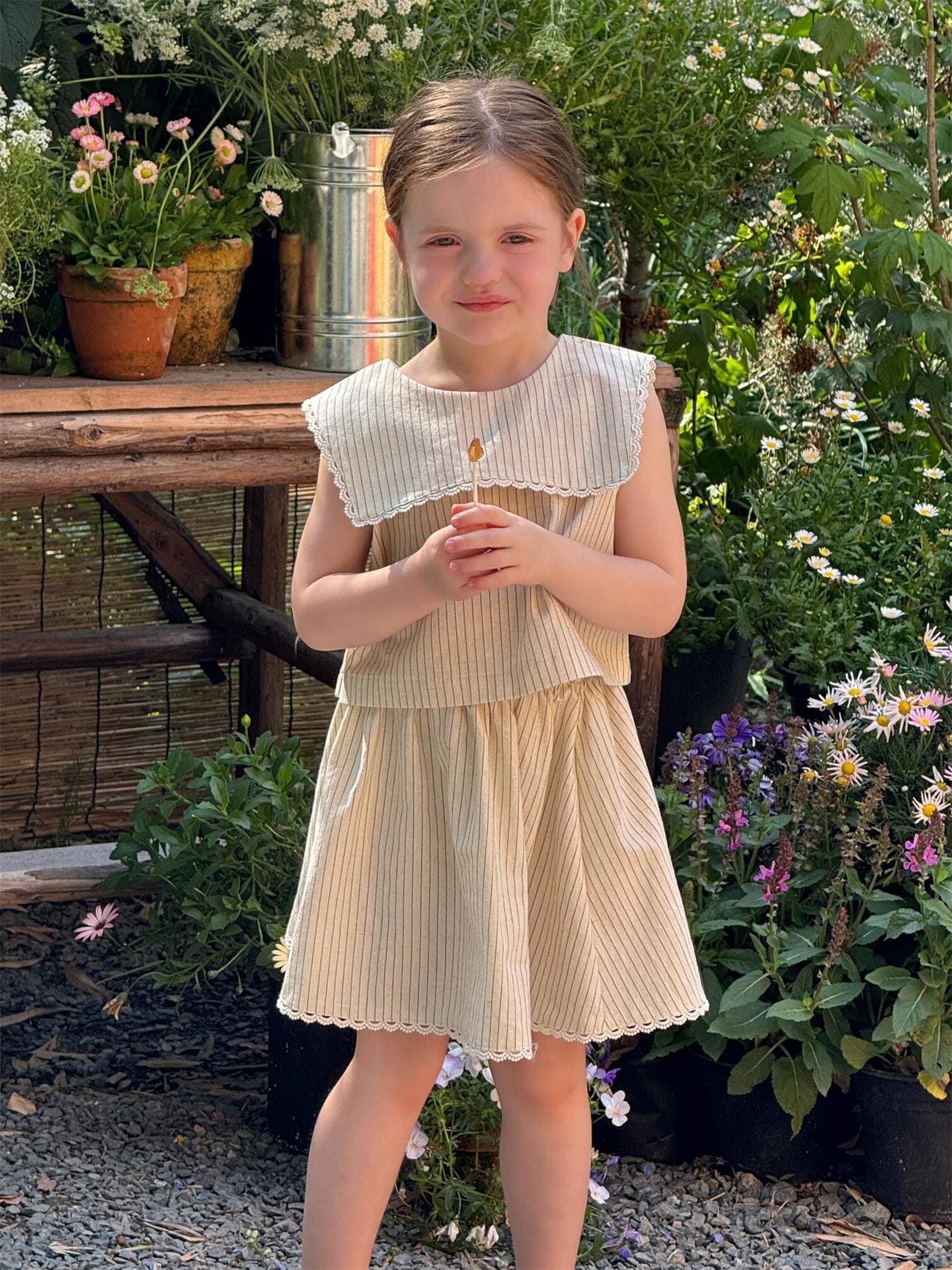 ノースリーブセットアップ ストライプショールカラーノースリーブブラウス+レースウエストスカートセットアップ 2点セット【mh0009885】