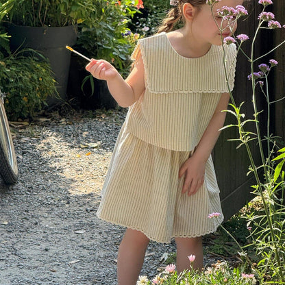 ノースリーブセットアップ ストライプショールカラーノースリーブブラウス+レースウエストスカートセットアップ 2点セット【mh0009885】